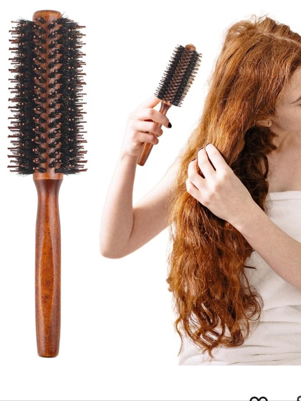 Boar Bristle Round Hair Brush, Wooden Handle